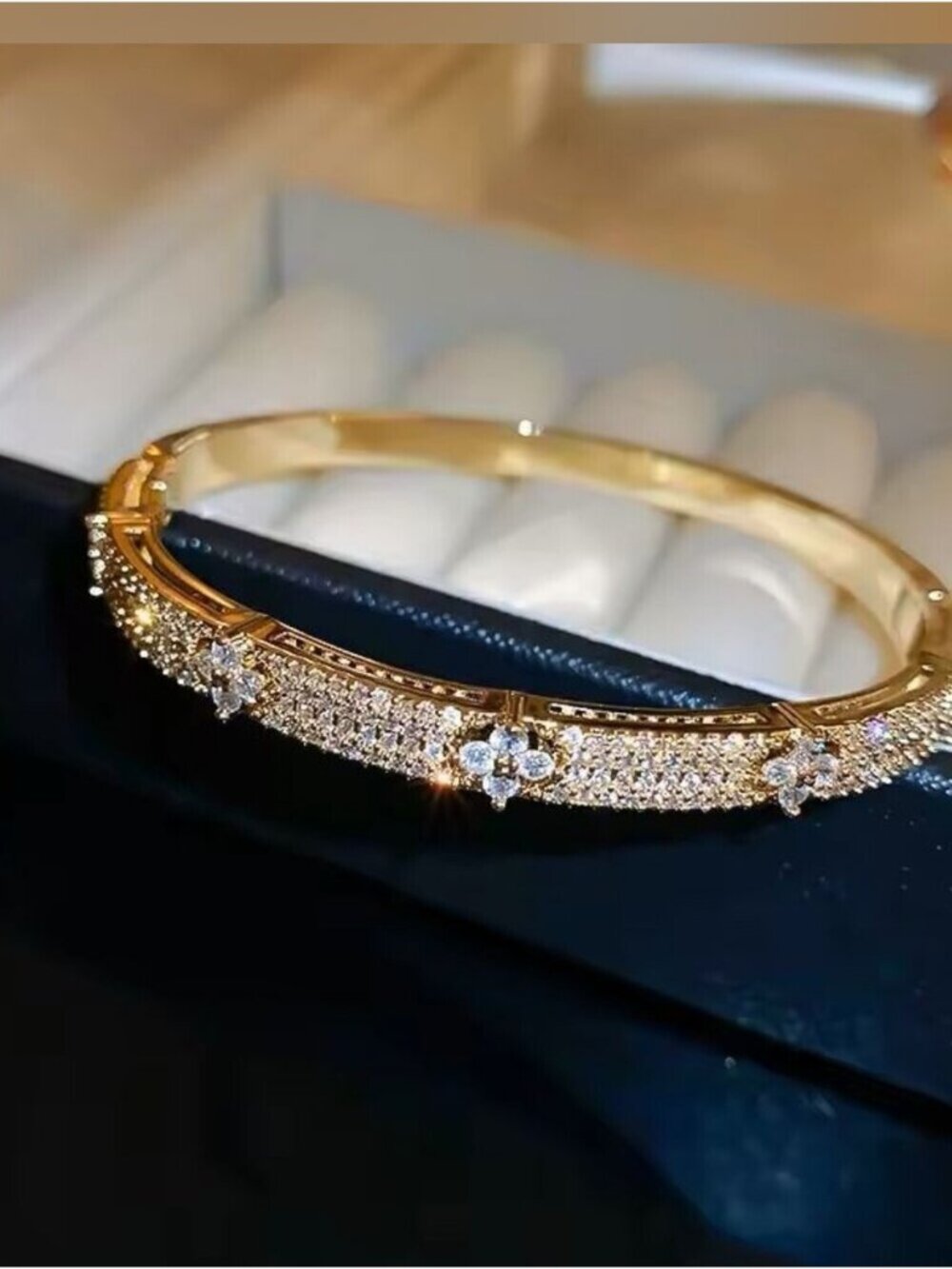 Gold Crystal Pavé Floral Bangle Bracelet
